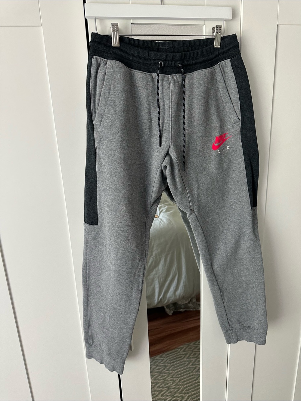 Nike Men’s Grey & Black Jogger Pants with Neon Coral Logo Medium